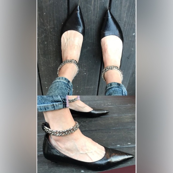 ZARA Sz 39 Pointy Toe Ankle Chunky Chain Kitten Heel Pumps Slip On Shoes - Picture 2 of 13